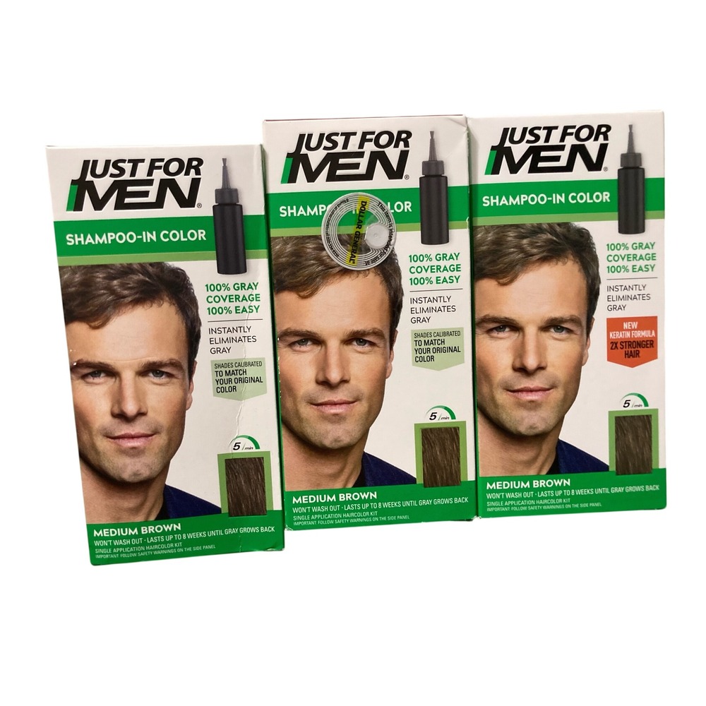 Lot of 3 Just For Men Shampoo-In Color H-35 Medium Brown Permanent Hair Dye Kit